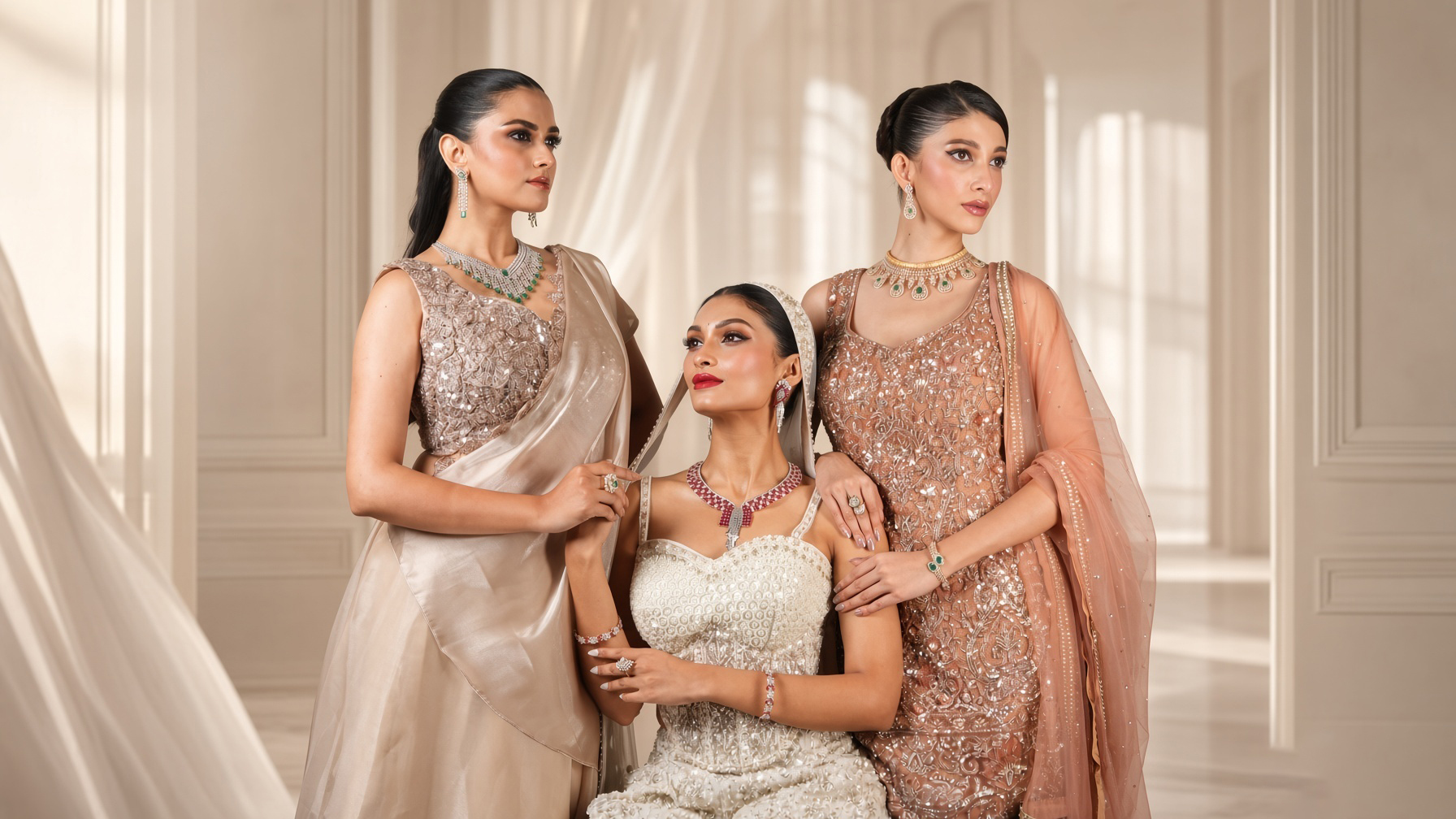 Merakee campaign — models wearing the house's diamond and emerald ensembles